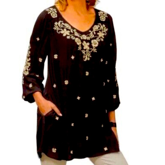 Soft Surroundings boho embroidered dark grey and cream tunic - Picture 1 of 6